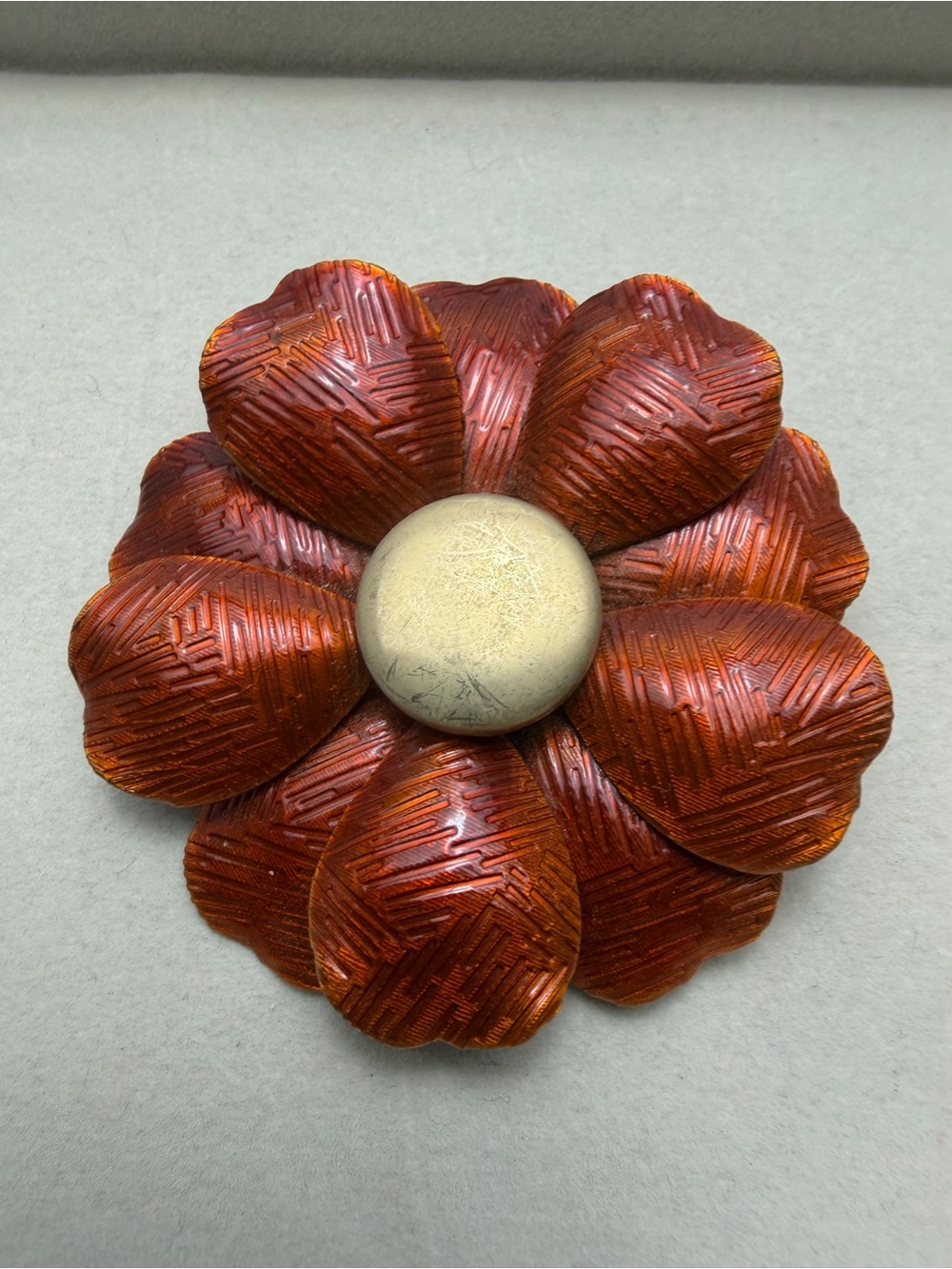 Vintage Amber Red/ Copper brown Flower Brooch with Gold-Tone Center
